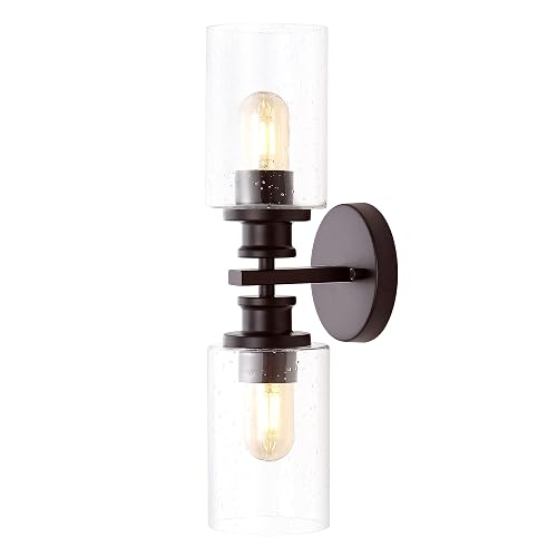 JONATHAN Y 16.5" Oil Rubbed Bronze 2-Light LED Wall Sconce, Modern Farmhouse Vanity Light with Seeded Glass Shade, Industrial Iron Fixture