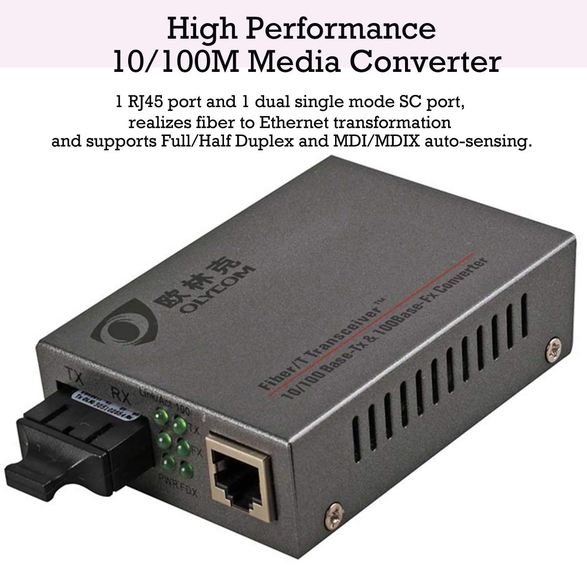 10/100Mbps Rate RJ45 to Optic Fiber SC Ethernet Media Converter Single Mode Double-Core CAT5 Transceiver 20km 1310nm