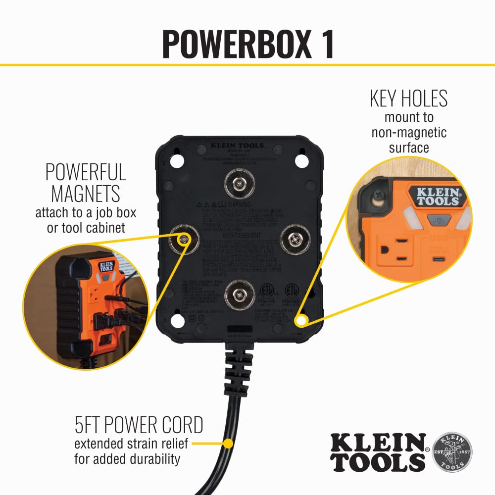 Klein Tools 29601 Magnetic Power Strip with Surge Protector, Extension Cord, 4 Outlets, 3 USB Ports, 5-Foot Cord, Power Supply Box with Light