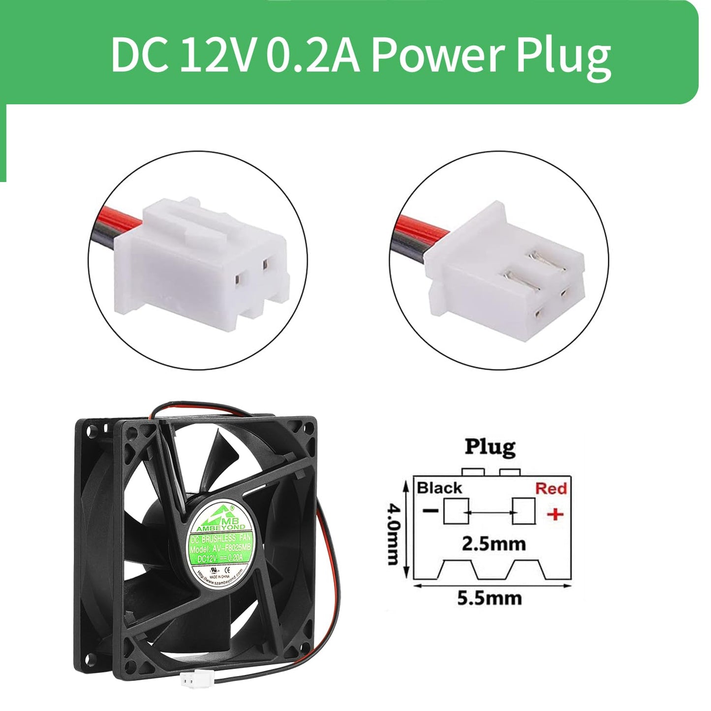 Security-01 80mm by 80mm by 25mm 8025 12V DC 0.20A Dual Ball Bearing Brushless Cooling Fan 2pin AV-F8025MB UL CE