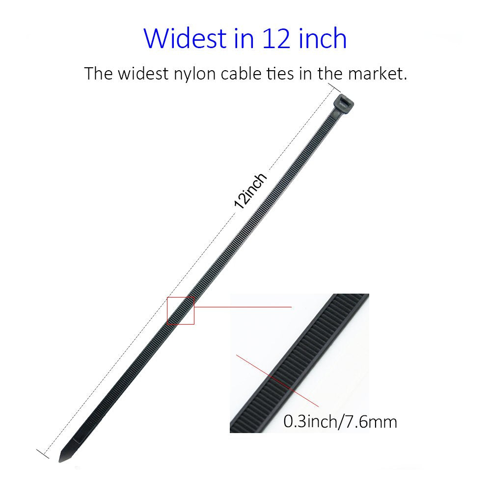 Cable Zip Ties Heavy Duty 12 Inch, Ultra Strong Plastic Wire Ties with 120 Pounds Tensile Strength, 100 Pieces, Nylon Tie Wraps with 0.3 Inch Width