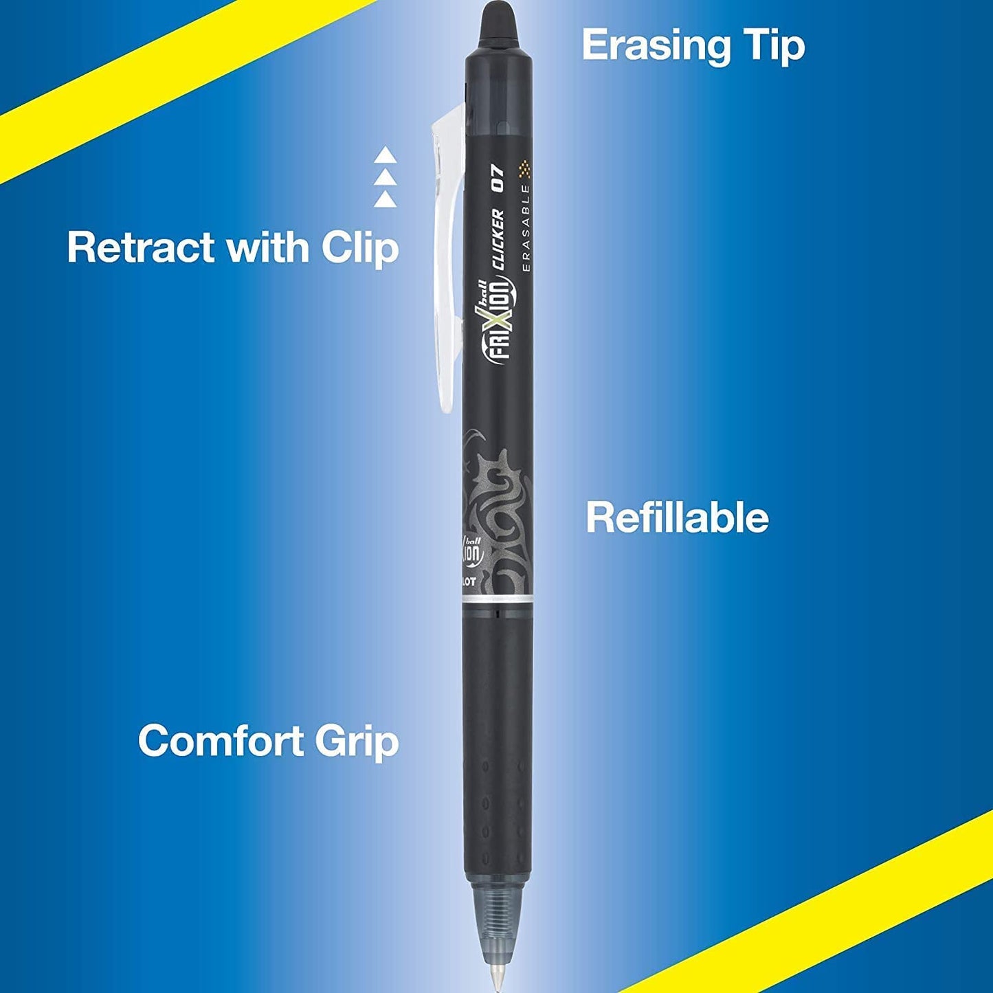 PILOT Frixion Erasable Pens, Fine Point 0.7mm Pack of 6 Black Retractable Ink Pens + 4 Bonus Refills