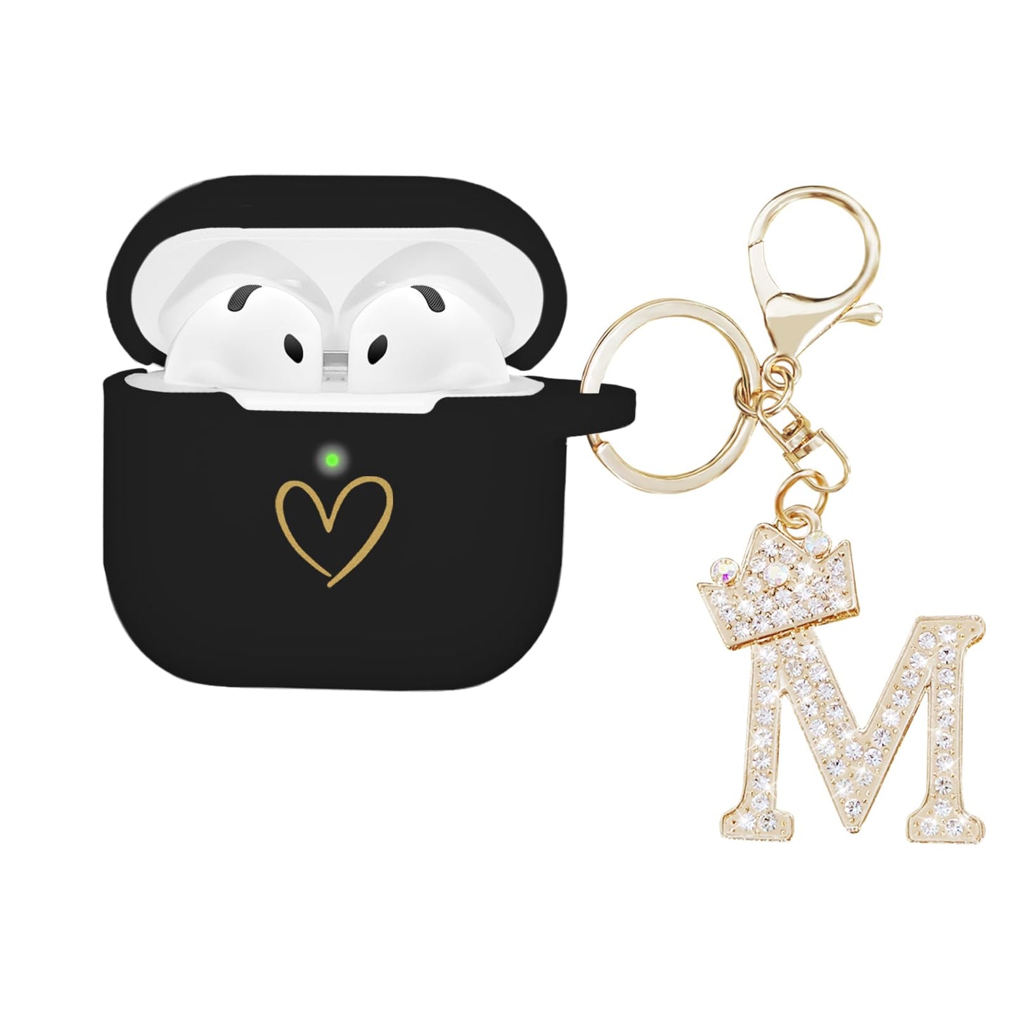 AIIEKZ Compatible with AirPods 4 Cover 2024, Soft Silicone Case With Gold Heart Pattern for 4th Generation, Rhinestone Studded Letter A-Z Keychain (M