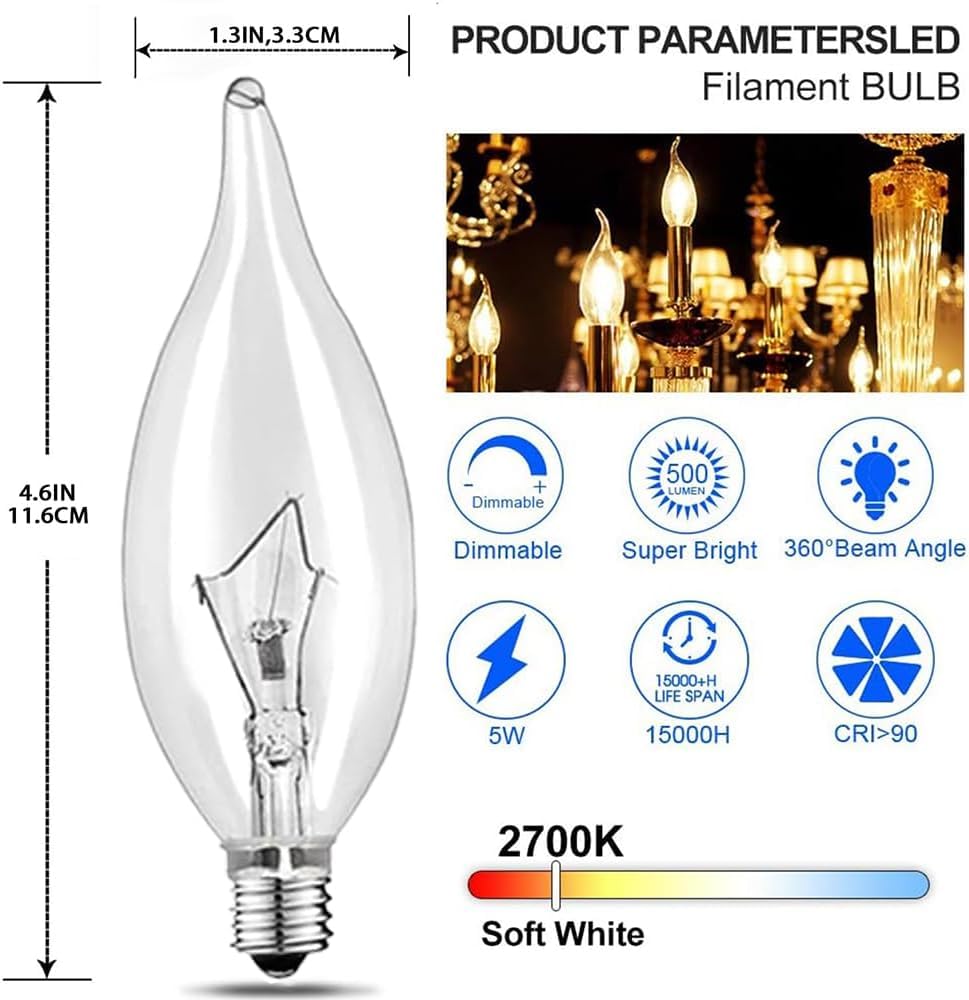 Wuluretoos 12- Pack E12 Candle Light Bulbs,60W Candelabra Light Bulbs, B10 Clear Candle Base Bulb with Warm White 2700K, 600 Lumen Dimmable,