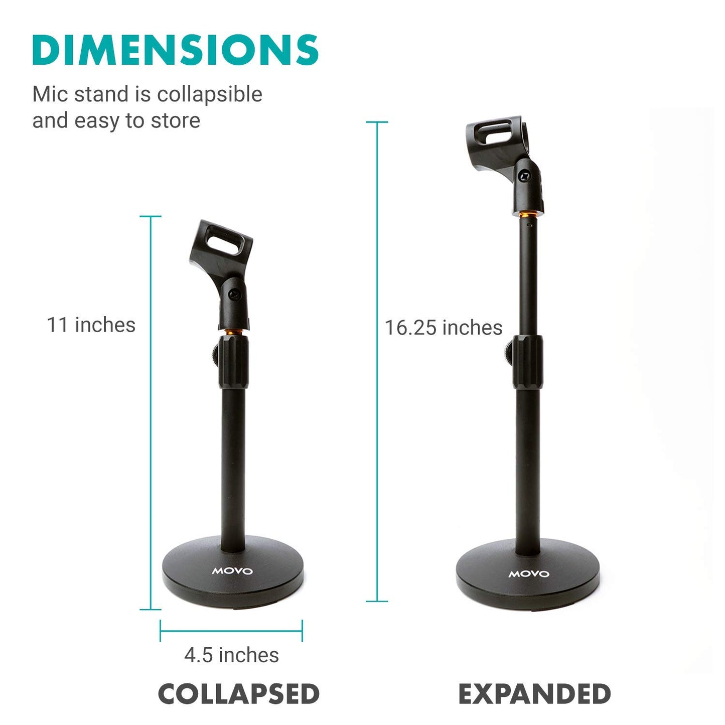 Movo TMC-3 Small Adjustable Table Mic Stand with Round Base and Universal Mic Clip. Table Top Mic Stand Height is Adjustable with Weighted Base Sits
