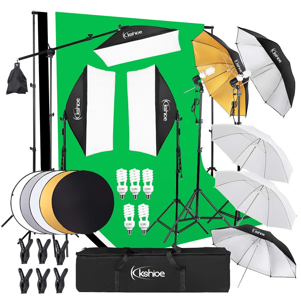 Kshioe Photography Lighting Kit, 6.5x10feet/2x3m Backdrops Stand Support System, 5 in 1 reflectors, 1600w 5500k Umbrellas Softbox Continuous Lighting