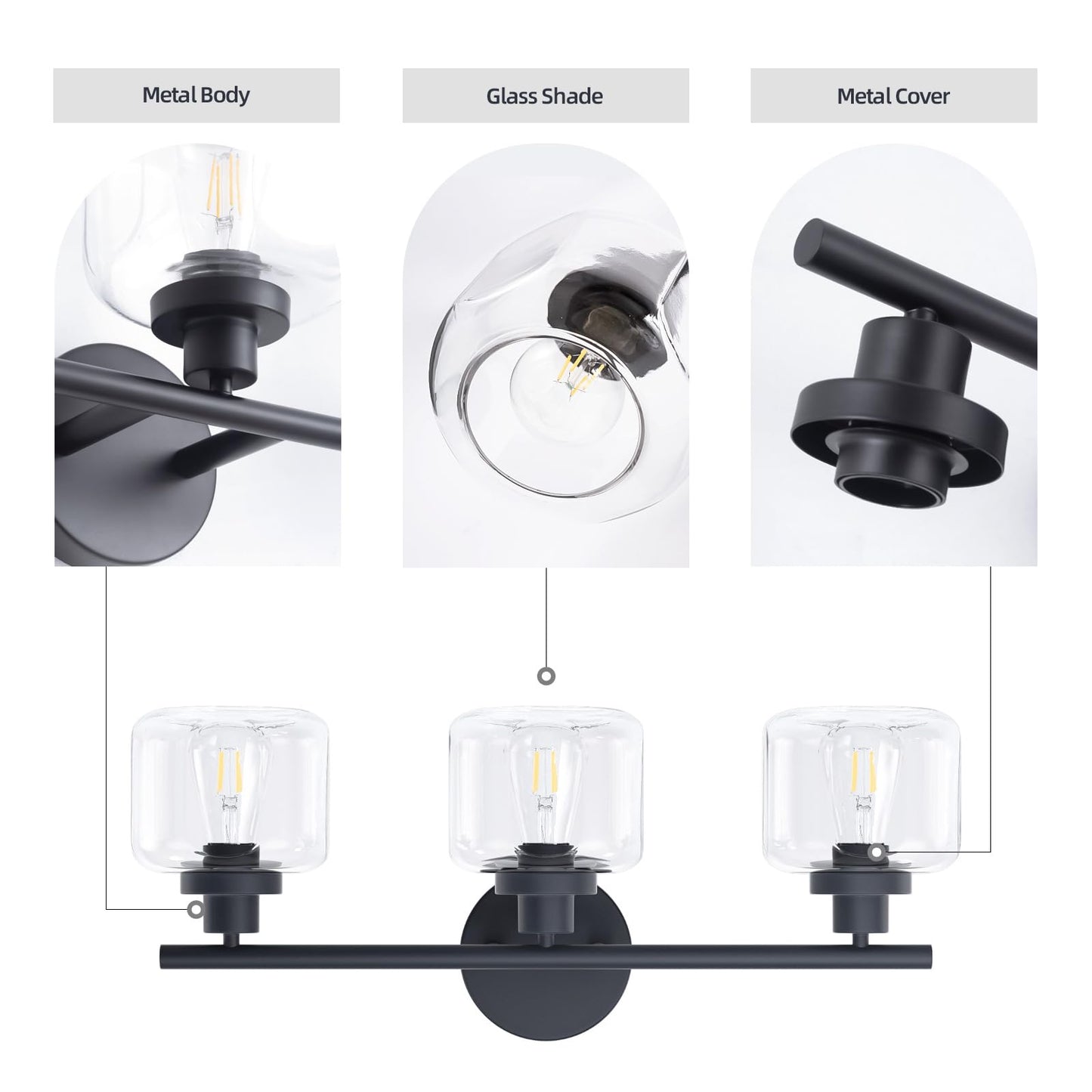 Smplhavn 2025 Upgraded Black Bathroom Vanity Light 3-Lights Bathroom Light Fixtures Over Mirror with Glass Shade 25 inch Wall Sconce Lighting