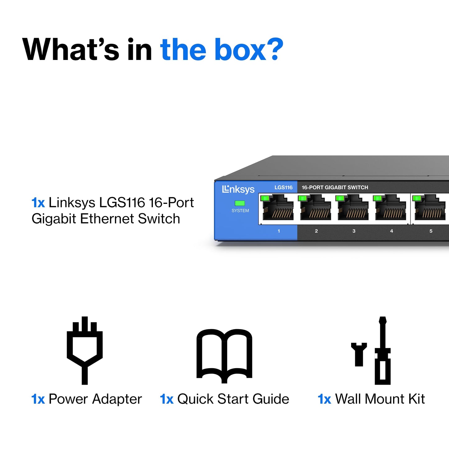 Linksys LGS116 16 Port Gigabit Unmanaged Network Switch - Home / Office Ethernet Switch Hub with Metal Housing - Wall Mount or Desktop Ethernet