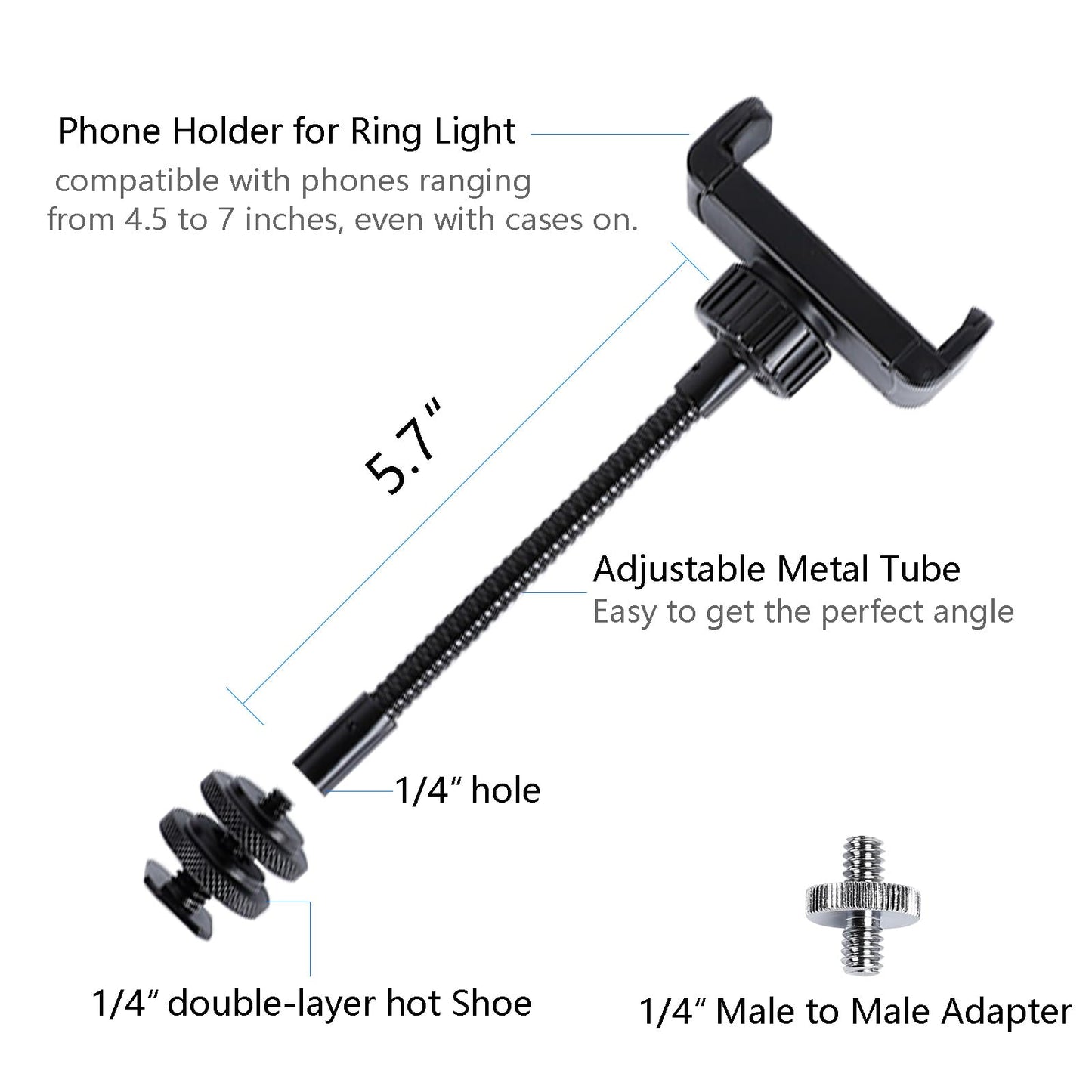 Universal Phone Holder for Ring Light, 1/4"-20 and Hot Shoe Adapter, Flexible Phone Mount for Ring Light and Tripod Stand Replacement