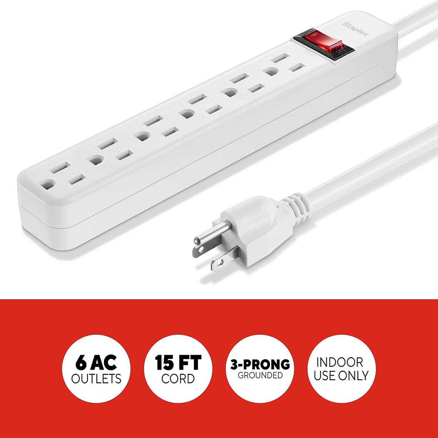 Staples TECH 6?Outlet Power Strip - 15 ft. Extension Cord for Home, Office & Dorm Room Use, White