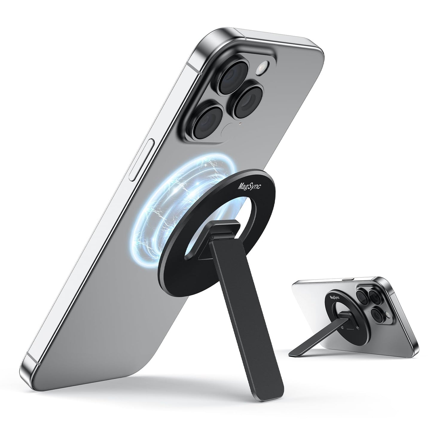 MagSync Magnetic Phone Stand for Mag-Safe, 3 in 1 Phone Grip Holder with Kickstand, Ultra-Thin, Adjustable Angle & Pocket Portable - Black