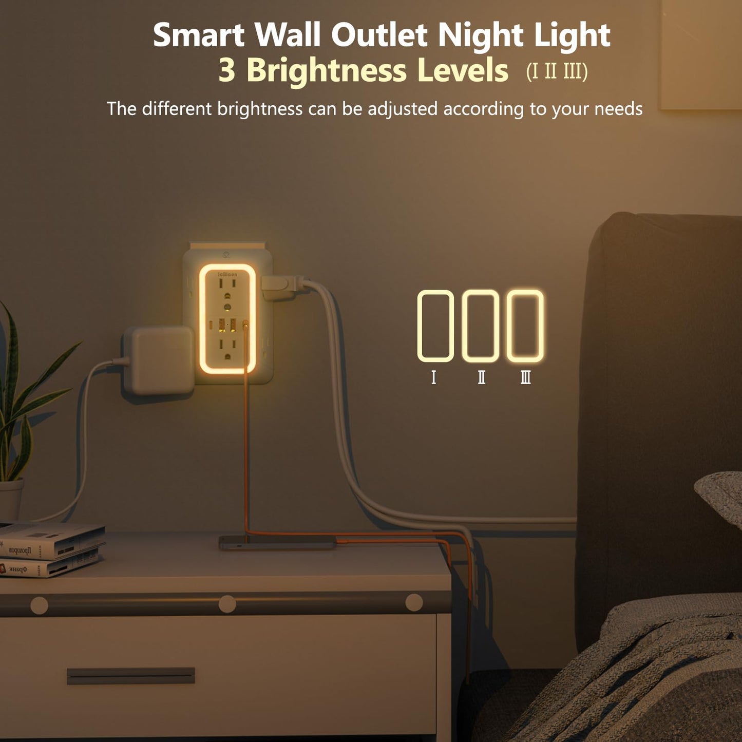 Wall Outlet Extender with Night Light, Power Plug Adapter 6 Outlet Extender with 4 USB Charging Ports 1050J Power Strip Multi Plug Adapter Spaced