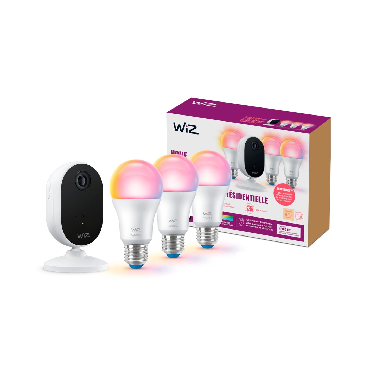 WiZ Home Monitoring Starter Kit Includes Indoor Security Camera, 1080p HD Video with Motion Detection and Full-Duplex Audio + 60W A19 Color LED Smart