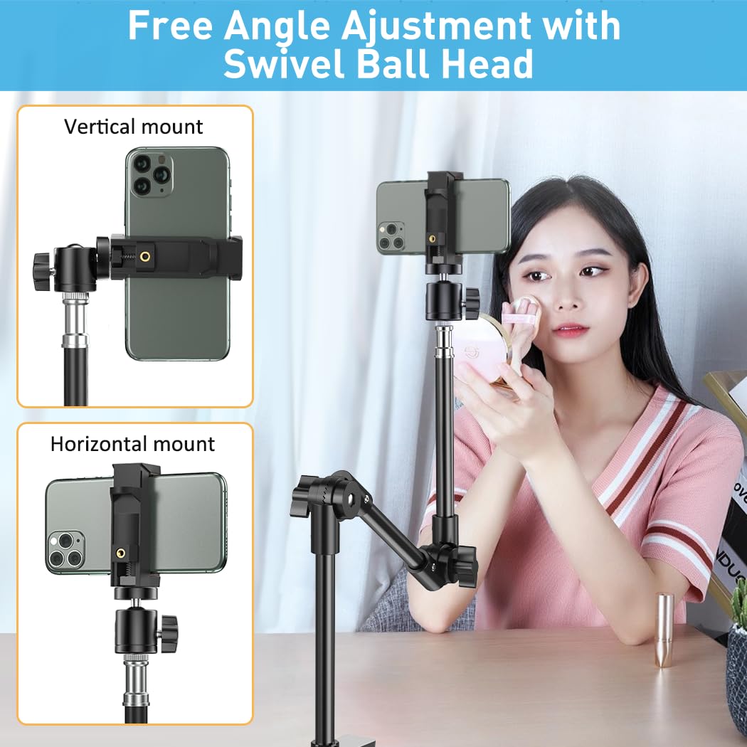 KDD Webcam Stand Camera Mount with Phone Holder, 22 Inch Foldable Flexible Gooseneck Cell Phone Clamp & Table Projector Mount, for Logitech C922 C930e