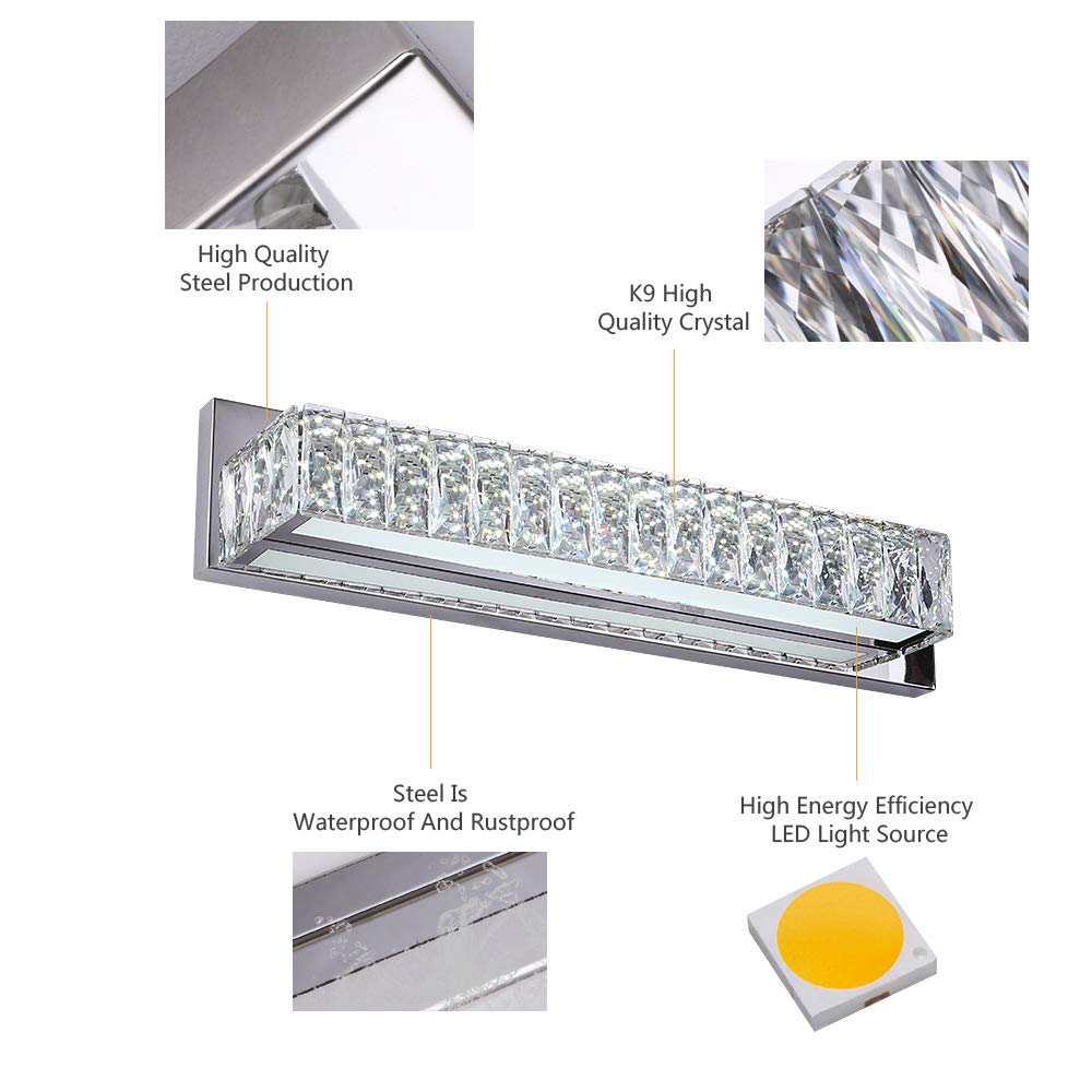 Crystal Vanity Lights, Bathroom Vanity Lighting Fixtures Over Mirror, LED Modern Wall Lights Fixtures Made for Stainless Steel Finish and K9 Crystal