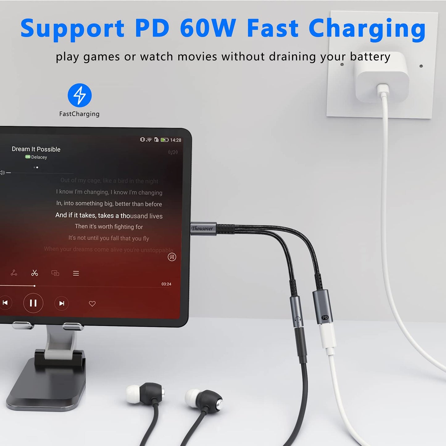 USB C to 3.5mm Headphone and Charger Adapter,2-in-1 USB C to Aux Audio Adapter with PD 60W Fast Charging Compatible with Apple iPhone