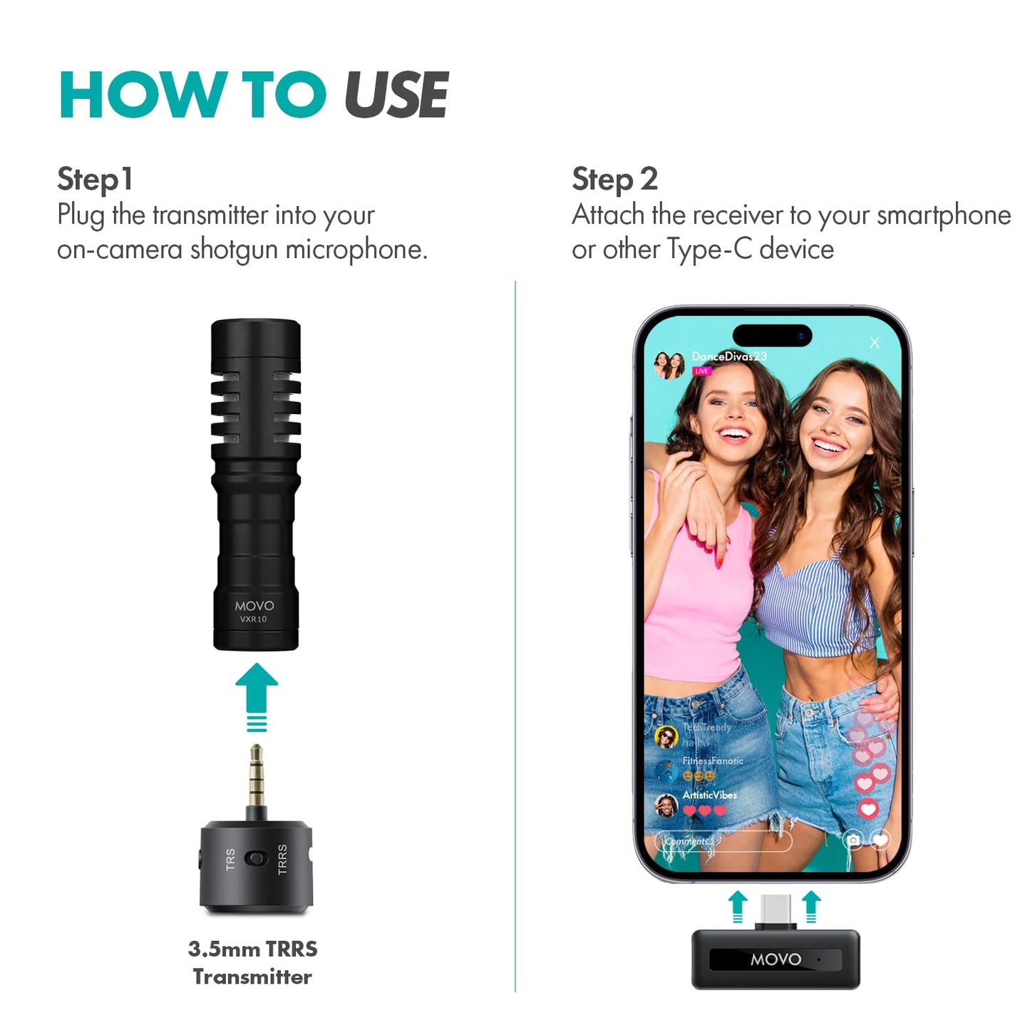 Movo WM-VXR10 Wireless Shotgun Mic Adapter for USB-C/iPhone 15 and up/Android Devices - Compatible VXR10, VXR10-PRO, and Rode VideoMicro