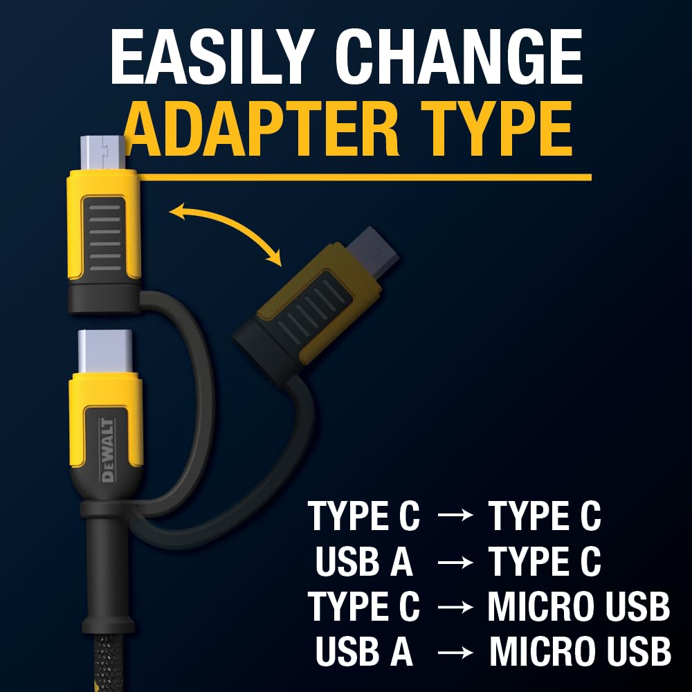 DEWALT Heavy Duty 4-in-1 Cable, Type C/MicroUSB/USB Cables for iPhone 17/16/15 iPad, USBC All in One Charging Cable, HTC, LG, Samsung Galaxy, Android