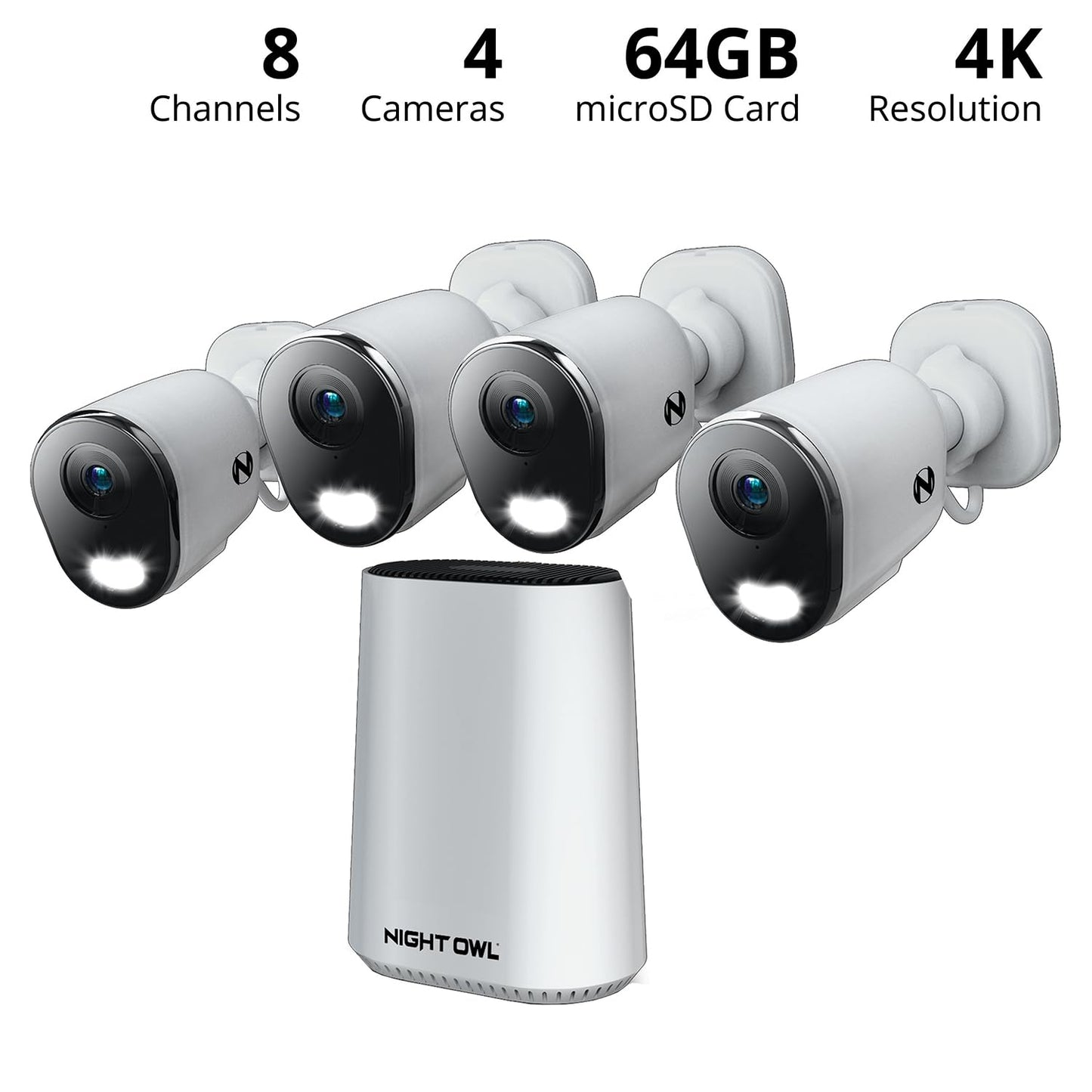 Night Owl 8 Channel Wi-Fi Video Home Security Hub with (4) Plug-in Wi-Fi 4K HD Indoor/Outdoor Spotlight Cameras with 2-Way Audio and 64GB microSD Card