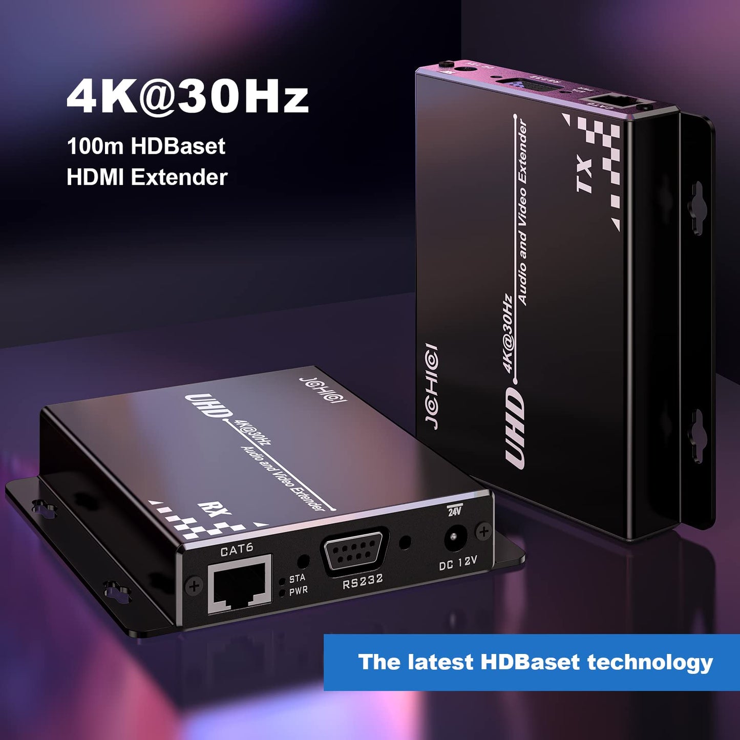 HDBasT HDMI Extender Over Cat5e/6 Ethernet up to 100m(328fts),JCHICI UHD 4K 60Hz (4:2:0 8-bit) with Bi-Directional IR, PoC and RS 232, Lossless