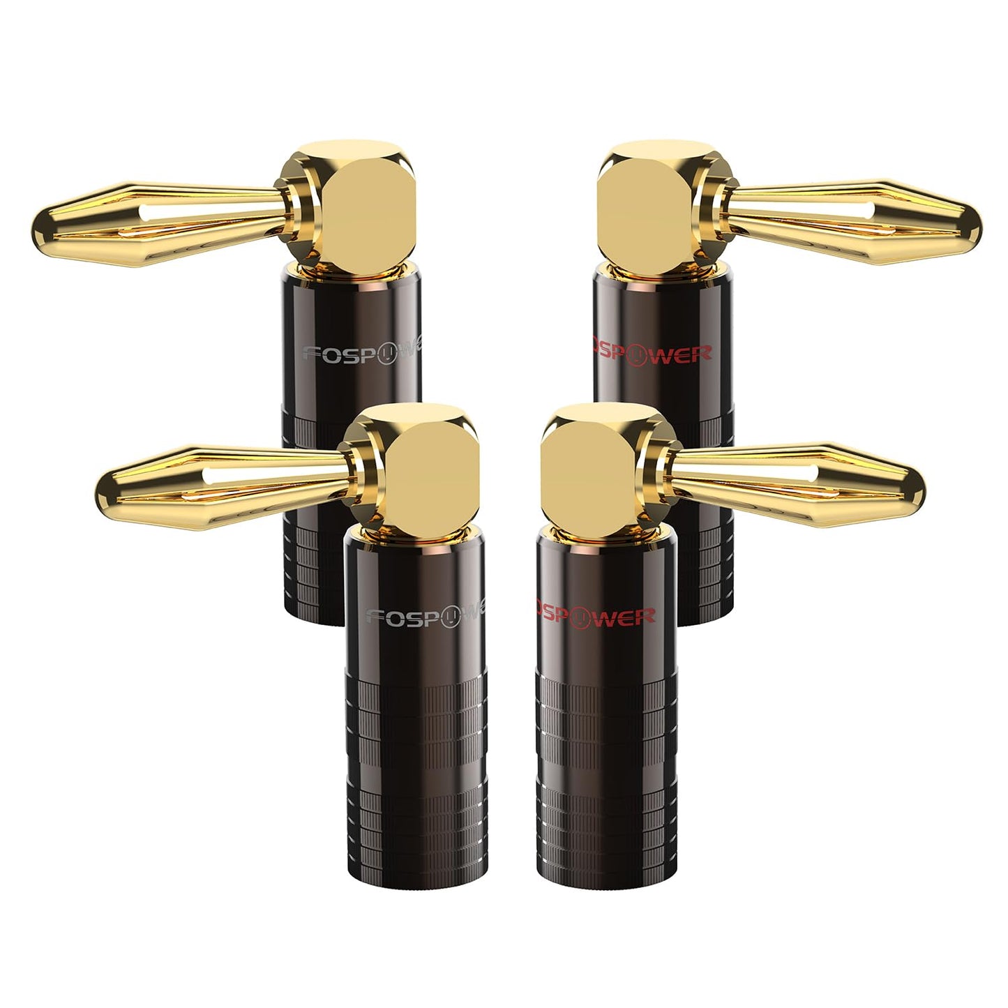 FosPower Right Angle Banana Plugs (2 Pairs / 4 pcs), Closed Screw 24K Gold Plated Banana Speaker Plug Connectors for Speaker Wire, Wall Plate, Home