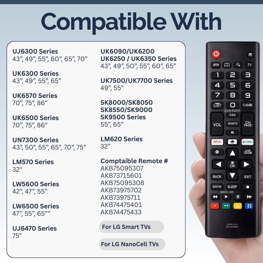 AKB75375604 LG TV Remote Control Replacement for Smart TV - Easy Setup Remote, Streaming Shortcuts - Works with LG 4K, UHD, LED, OLED Smart HDTV