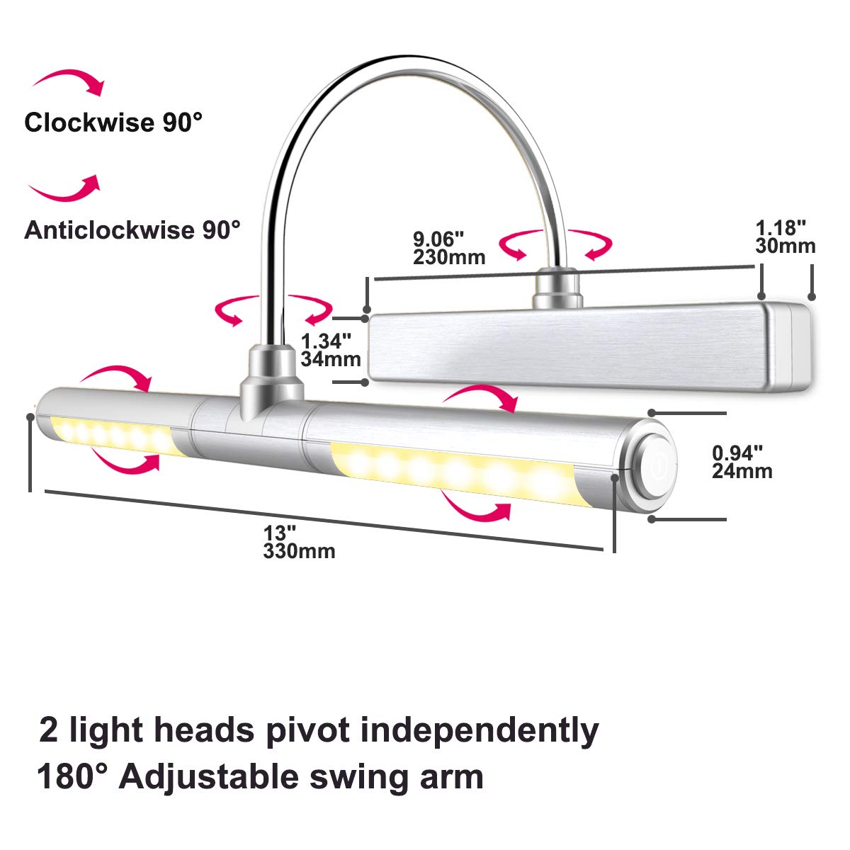 BIGLIGHT Wireless Battery Operated LED Picture Light with Remote, 13In Rotatable Light Head with 3 Lighting Modes, Dimmable Display Lamp with Timer
