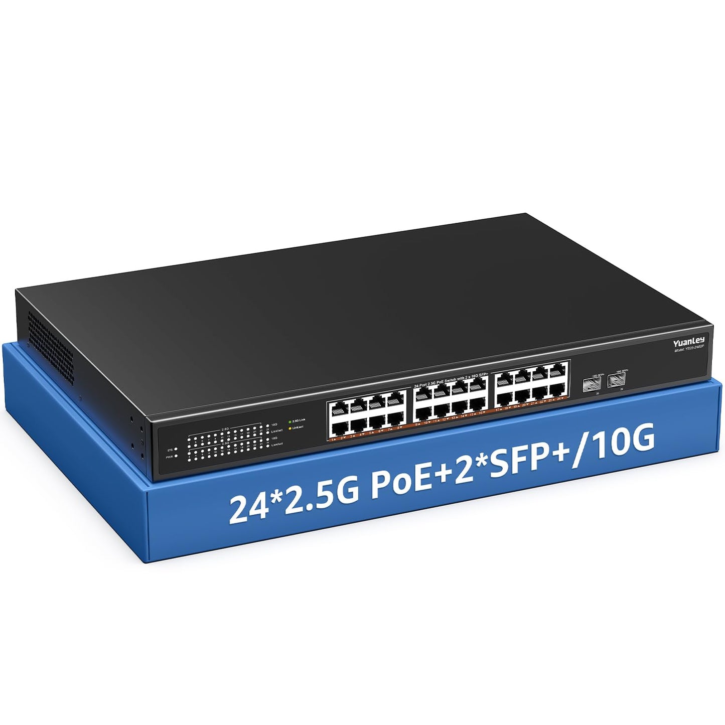 YuanLey 26 Port 2.5G PoE Switch Unmanaged, 24 x 2.5G Base-T PoE Ports, 2 x 10G SFP+, IEEE802.3af/at, 400W, Compatible with 100/1000/2500Mbps, Metal