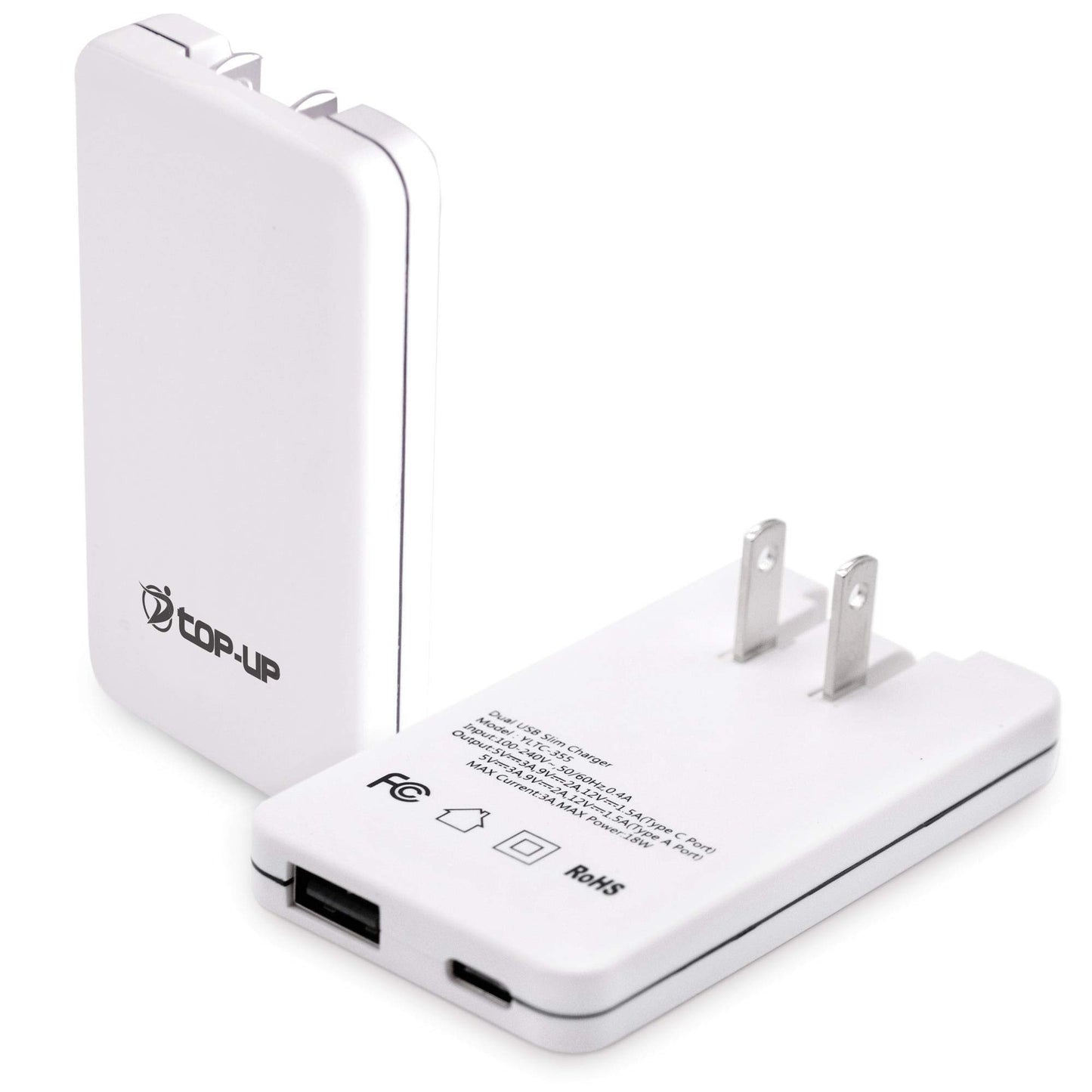 TOP-UP Flat USB Wall Charger 18W PD - Ultra Slim Dual Port USB-C & USB-A Fast Charging Adapter for iPhone 17/16/15/14/13/12 Pro Max/Air, iPad