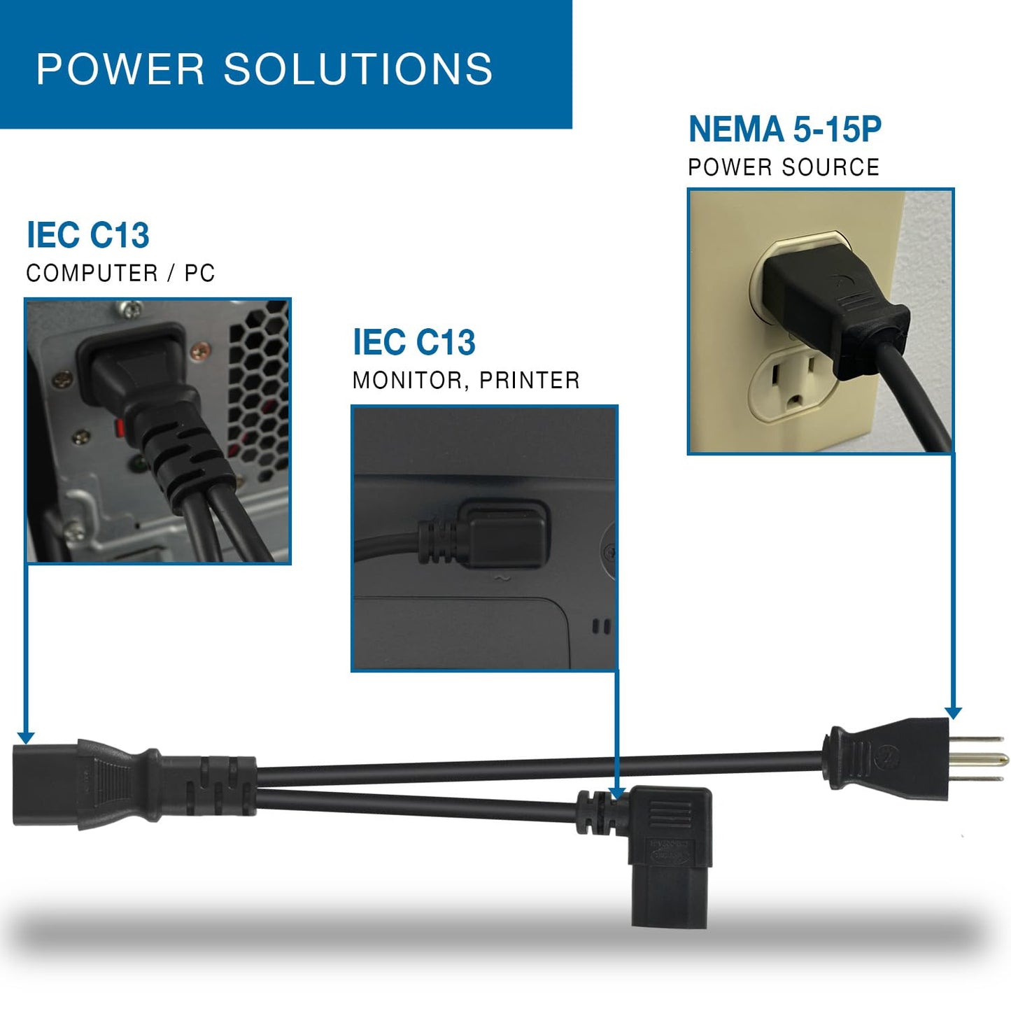 Conntek 6FT+3FT Power Cord Splitter, NEMA 5-15P to Dual IEC C13 (Left-Angle), 10A 125V, AC Power Extension Cable for PDU, UPS, Server, Computer,