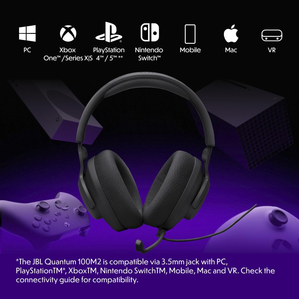 JBL Quantum 100M2 - Wired Over-Ear Gaming Headset with omnidirectional, Detachable mic with Mute Option and Fabric-Covered Memory Foam Ear Cushions…