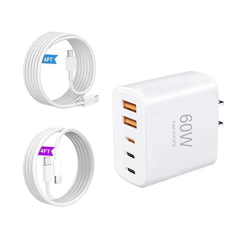 USB C Wall Charger?Multi-Port (3C+2A) Fast Charging Wall Plug with 4FT& 6FT USB-C Cable Compatible with i Phone 17/16/15/14/13/12/11, XS/XR/X, S