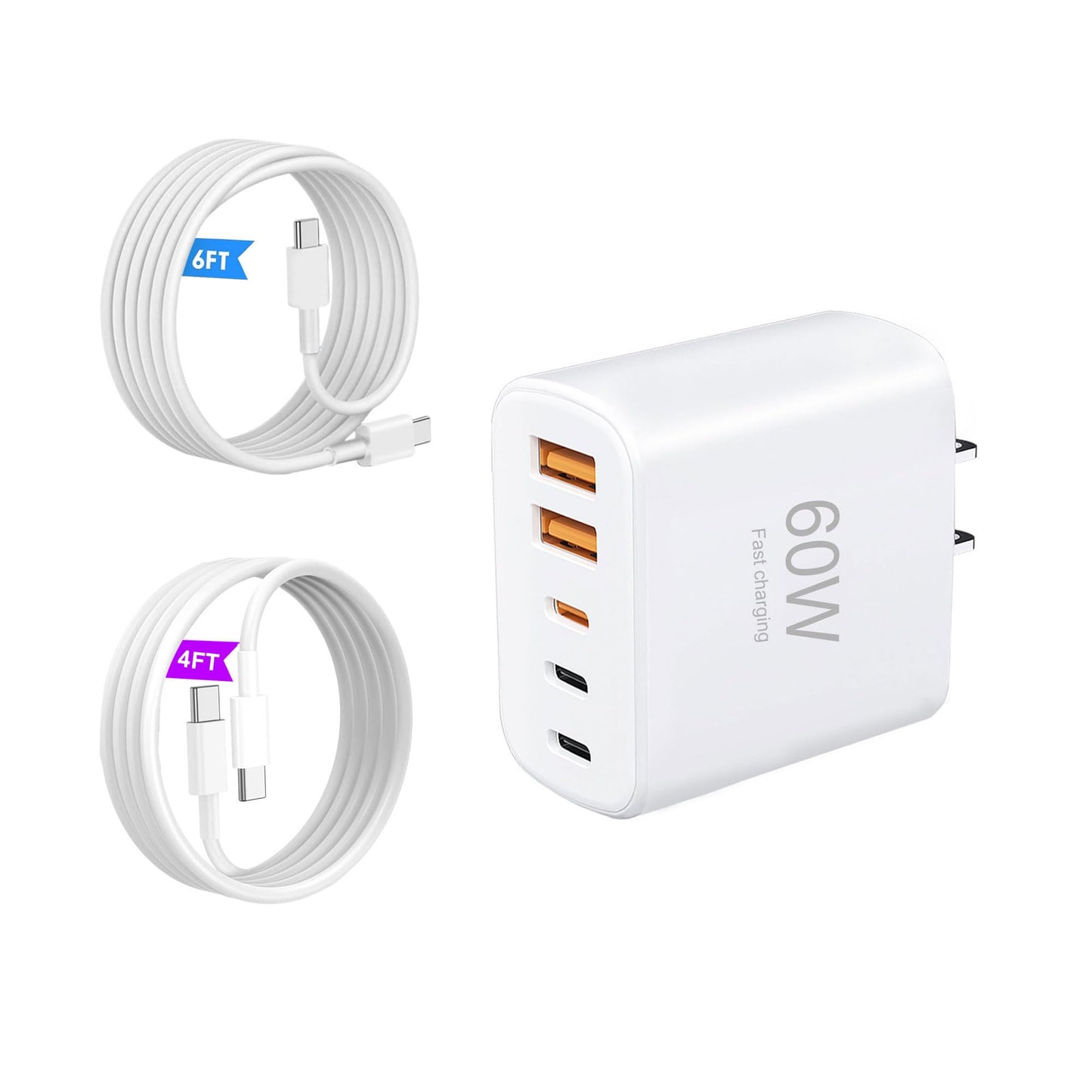 USB C Wall Charger?Multi-Port (3C+2A) Fast Charging Wall Plug with 4FT& 6FT USB-C Cable Compatible with i Phone 17/16/15/14/13/12/11, XS/XR/X, S