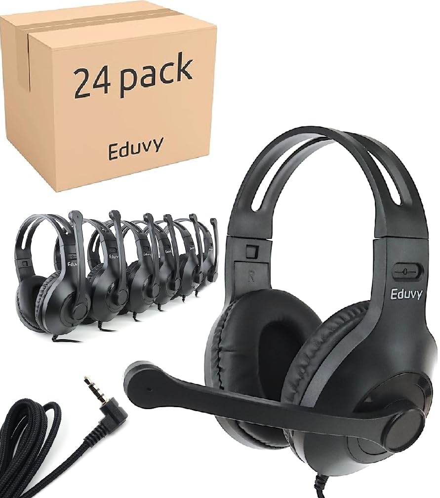 Eduvy Bulk Headphones for Classroom with Microphone, Heavy-Duty School Pack Wired Headphones for Students with Rotating Boom Mic. Teacher Must Haves…