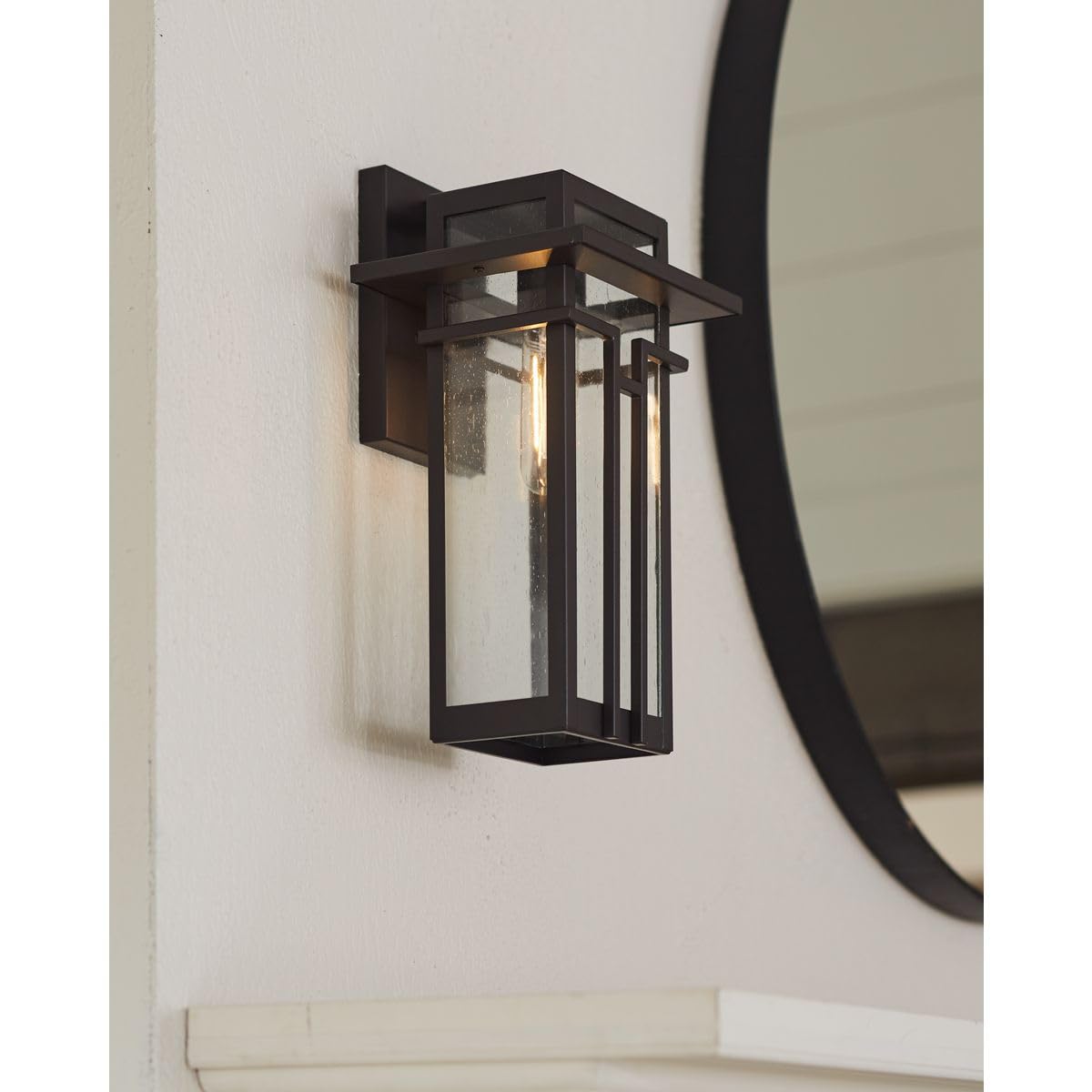 Progress Lighting Boxwood Collection 1-Light Clear Seeded Glass Craftsman Outdoor Small Wall Lantern Light Antique Bronze, 11.75x6.25x6.25