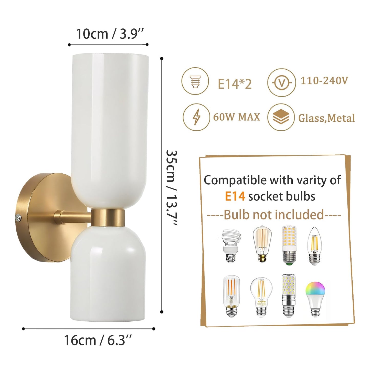 XIRYTU-H Mid Century Modern 2- Light Glod Wall Sconce Lighting with Glass Shades, E14 Wall Lamp for Bedroom, Bathroom Vanity,Living Room, Hallway