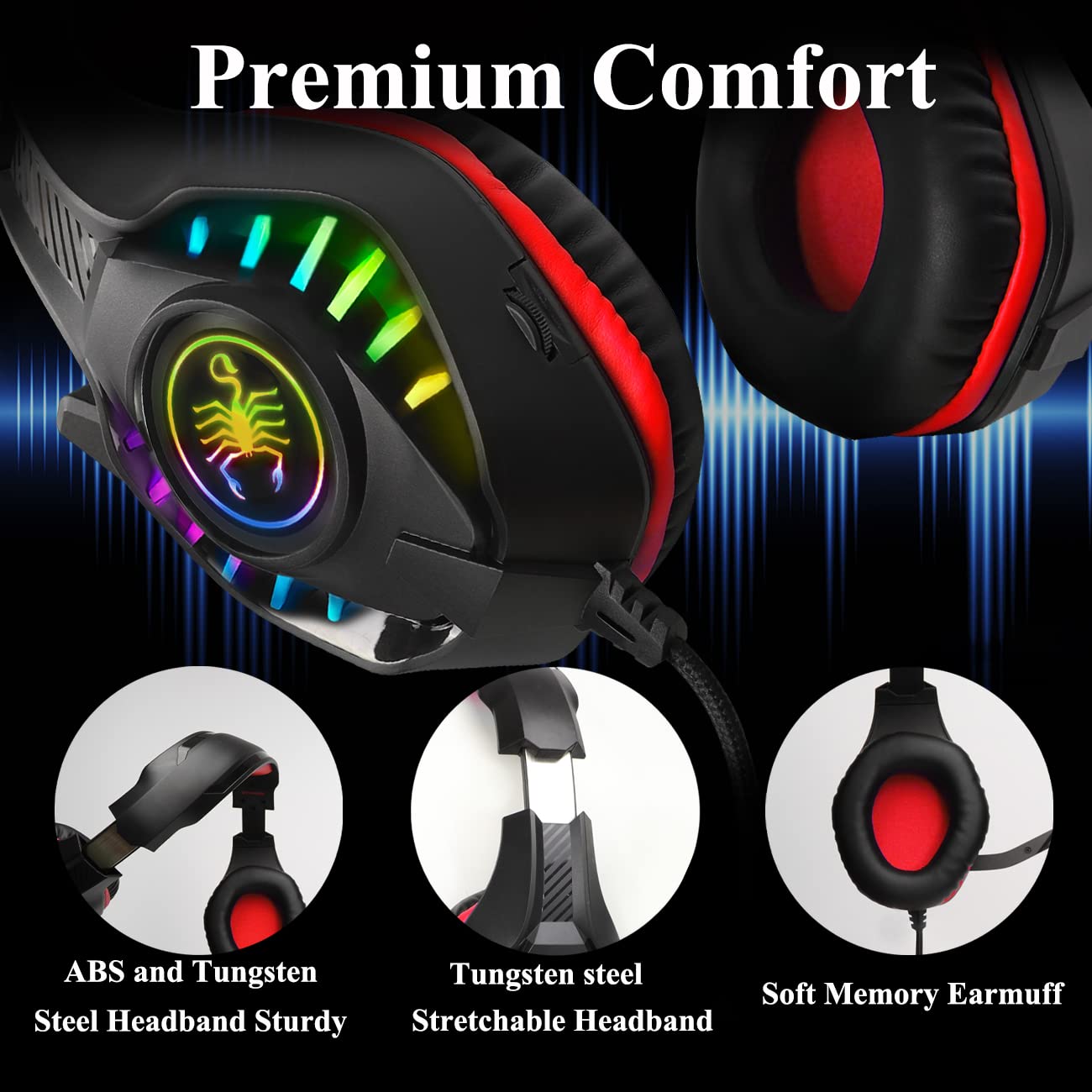 SVYHUOK Pro Gaming Headset for PC PS4 Xbox One Surround Sound Over-Ear Headphones with Mic LED Light Bass Surround Soft Memory Earmuffs for Computer