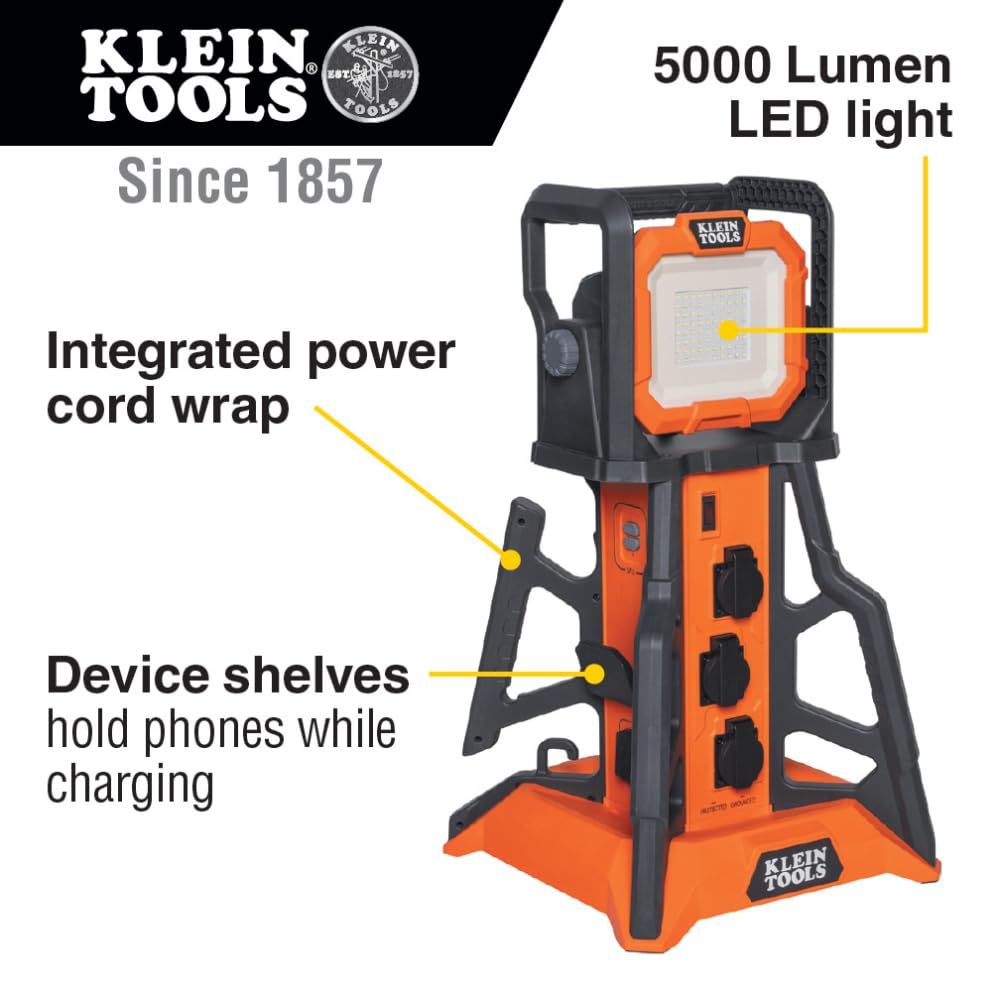 Klein Tools 29610 PowerHub, 6 Surge Protected Covered 15A Outlets, 5000 Lumen Work Light, 4 USB Ports, Built-in GFCI, Overcurrent Protection