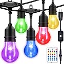 IPStank 48FT Outdoor RGB String Lights, 16 Shatterproof Edison Bulbs, Dimmable Color Changing Patio Lights with Remote Control. Perfect for Bistro