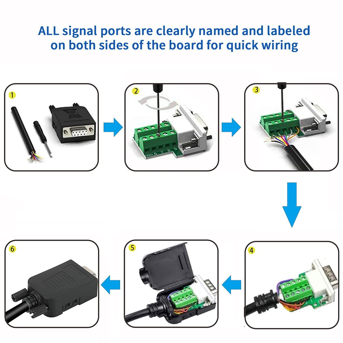 DaFuRui DB9 Female Connector?4Pack DB9 Breakout Connector Solderless RS232 D-SUB DB 9 Female Screw Terminal Block with Case Long Bolts Tail Pipe