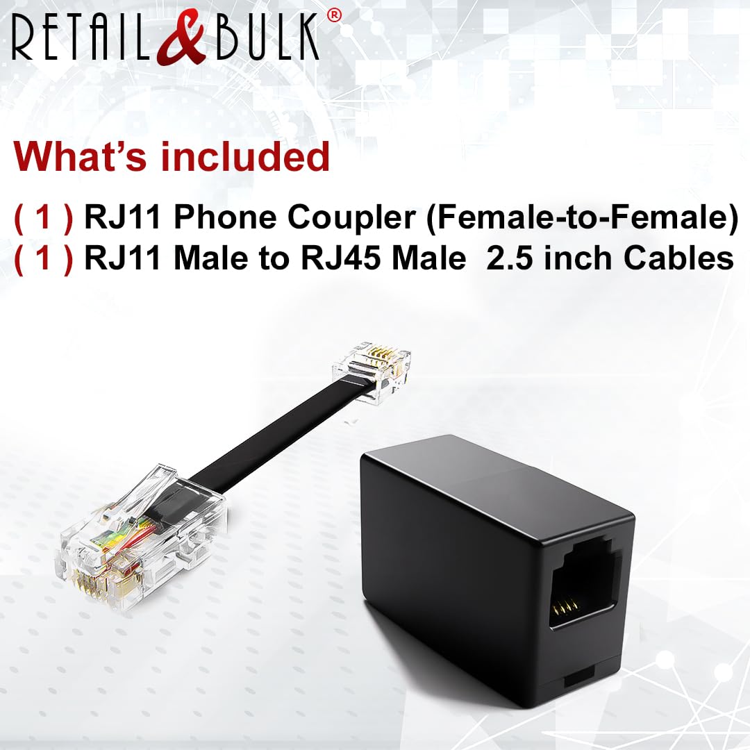 RetailAndBulk 1-Pack RJ11 to RJ45 Adapter Phone Line to Ethernet - RJ11 Female to RJ45 Male for Landline, Fax, DSL Modem Connection (Black, Made