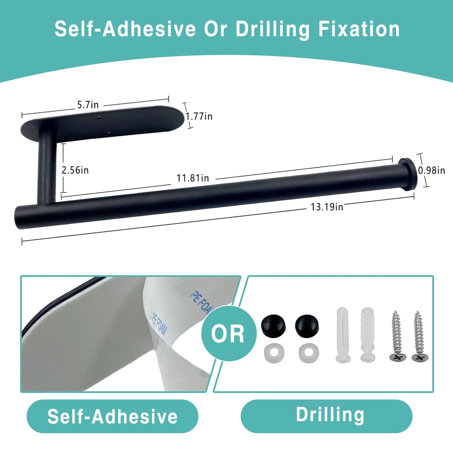 Paper Towel Holder – Self-Adhesive or Drill Mount, Under-Cabinet Stainless Steel in Black for Kitchen, Bathroom, Sink, Pantry & Fridge