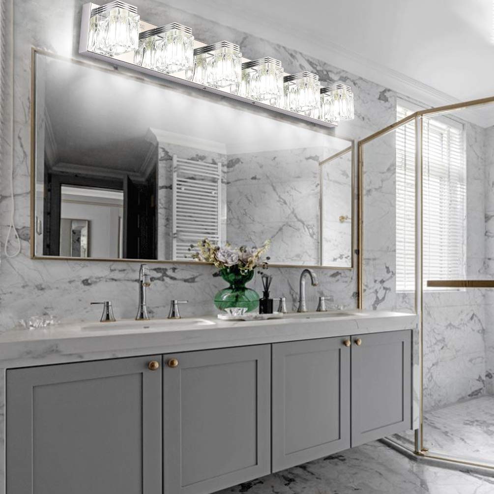Ralbay LED Modern Bathroom Vanity Lights 6 Lights Crystal Glass Stainless Steel Bathroom Vanity Lights Fixtures Over Mirror LED Modern Crystal Glass