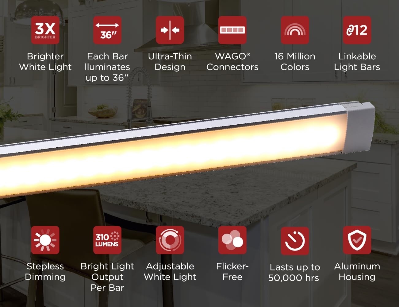 PureOptics LED Professional Push Wire Under Cabinet Light Bar, Add-on, Plug-in or Hardwire Compatible, Adjustable White and RGB LED, for Kitchen