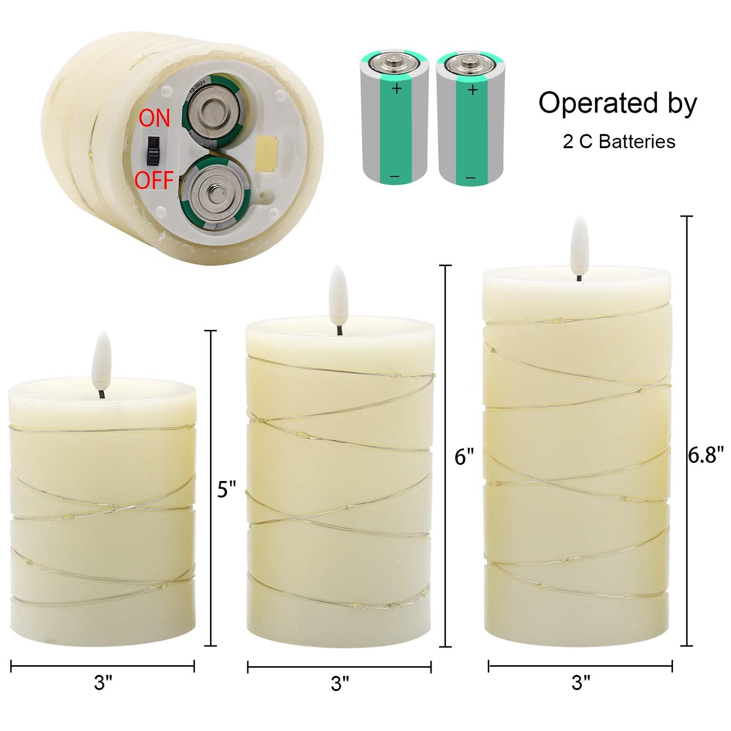 DRomance Flameless Flickering Candles String Light with Remote Timer Set of 3 Battery Operated LED Pillar Candles Real Wax 3D Wick Yellow Light