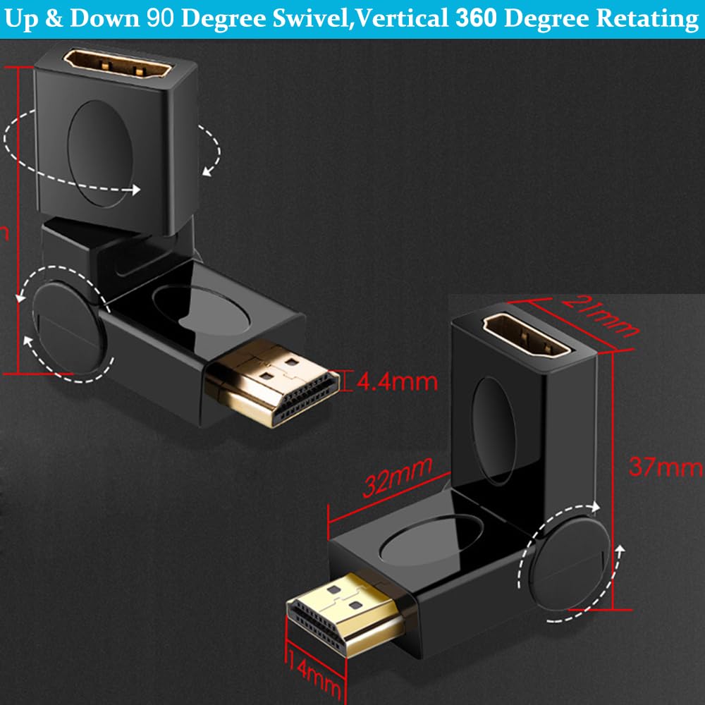 Warmstor 2-Pack Right Angle HDMI 2.0 Male to Female Connector HDMI Swivel Adapter 90 180 270 360 Degree Angle Adjustable Rotatable Gold-Plated Support