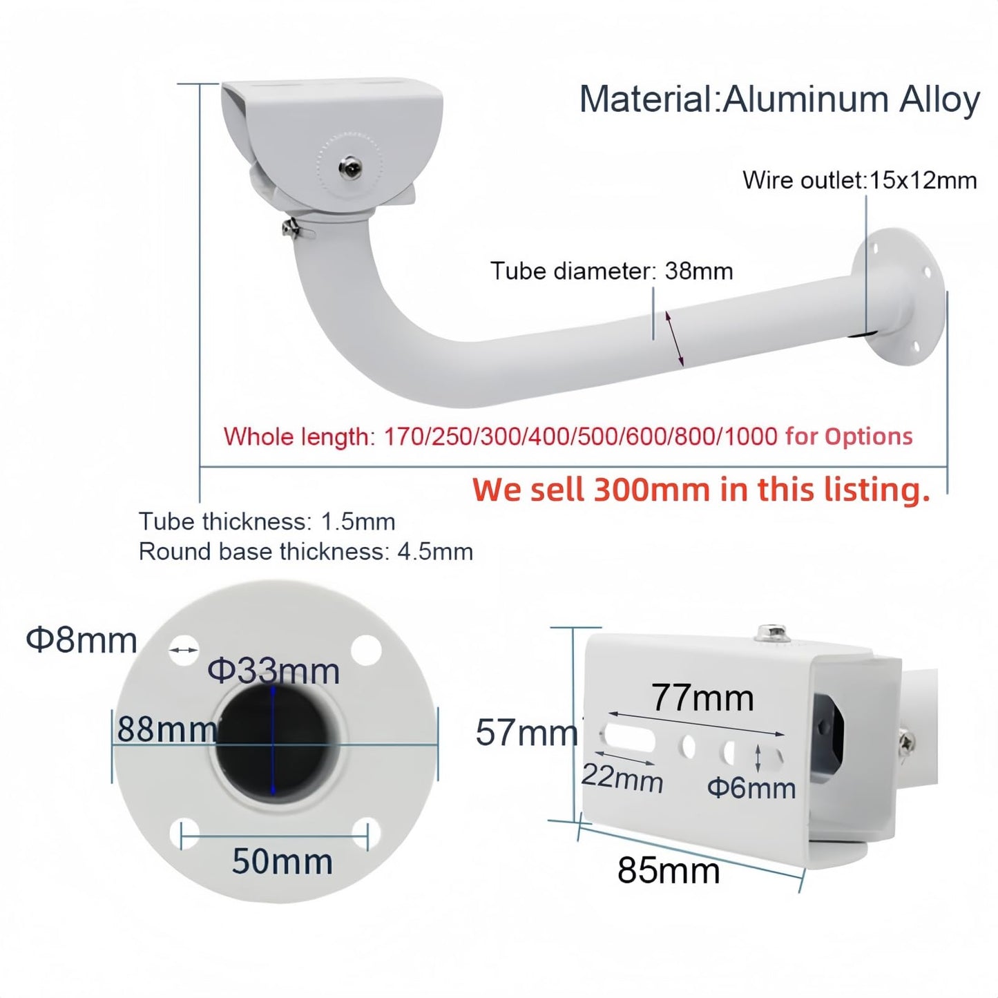 GledeYeTec CCTV Surveillance Security Camera J Mount Bracket,300mm/12 Wall Mount Heavy-Duty Shield Support Rod for Hikvision Dahua Outdoor Bullet