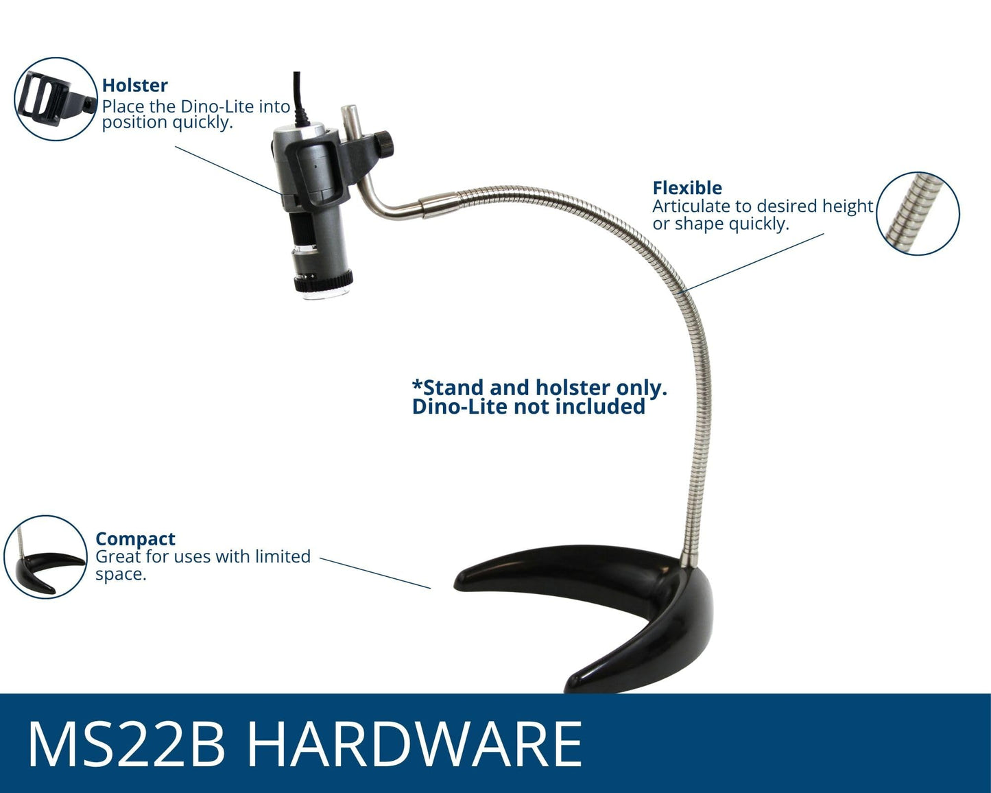 Dunwell Tech, Inc MS22B Flex-arm Desktop Stand (Black), ~16 Inch Height - Designed for Dino-Lite AM2111, AM3111, AF3113, WF3113, and Casual Use