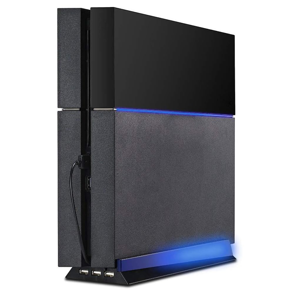 KlsyChry Stand with HUB & Blue Light for PS4, Blue Led Light Vertical Stand Base with 3 USB HUB Port for Sony PlayStation 4 PS4 Console (Black)