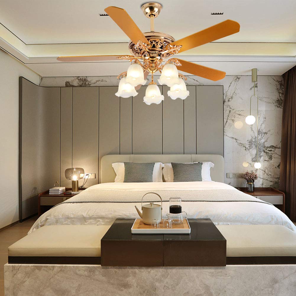 52 Inch Gold Ceiling Fan with LED Light and Remote Control,Creative Design Chandelier Fan Light with 5 Wood Reversible Blades 5 Frosted Glass
